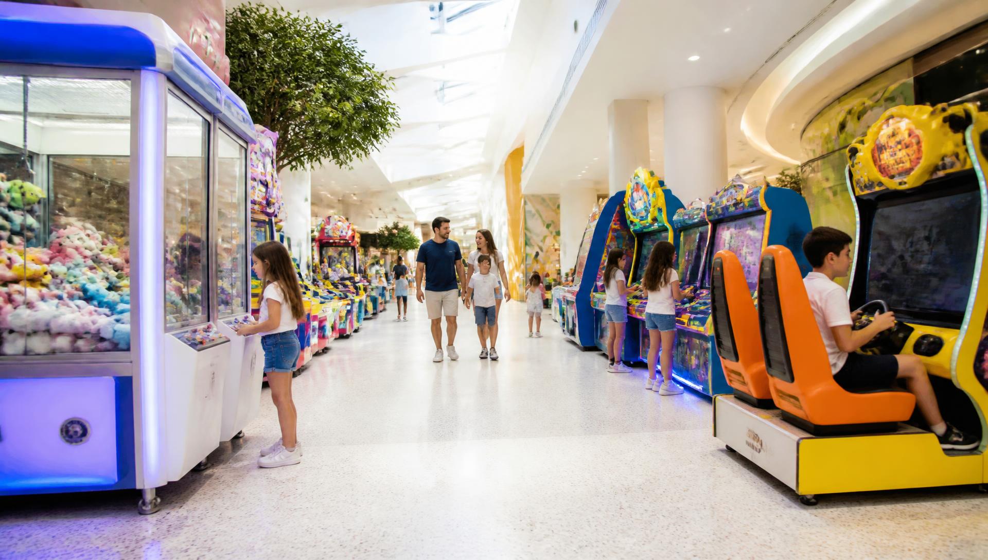 Ljus galleriagång med klomaskiner, barnåk och arkadspel där familjer spelar